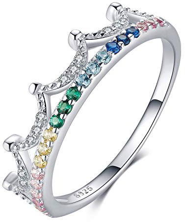 Qings Anillo Corona de Plata de Ley 925, Anillo de Compromiso de Princesa con Colorido Circonita Cúbica Regalos de Joyería para Mujeres y Niñas