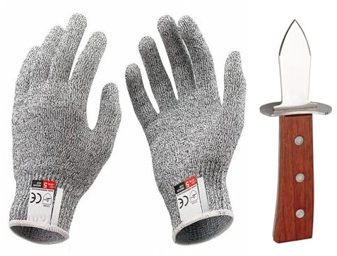 Coltello per Ostriche, Apri Ostriche, Coltello Ostriche con Manico in Legno e 1 Paio di Guanti Resistenti al Taglio(XL), AMA Acciaio Inossidabile per Molluschi e Frutti di Mare