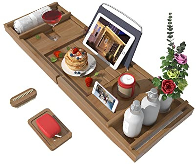 Bath Caddy Tray for Bathtub - Bamboo Adjustable Organizer Tray for Bathroom with Free Soap Dish Suitable for Luxury Spa or Reading(Walnut)