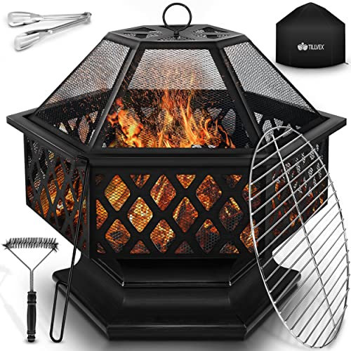 tillvex Brasero Extérieur BBQ | Foyer Poêle pour Jardin, Terrasse | Chauffage avec Gril-Le à Charbon + Couvercle | Cheminée Feu pour Barbecue avec Tissonier Noir (Hexagonal)