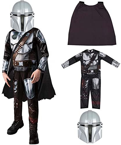 AENEY Mandalorian Kids Costume Classic Universe Movie Alien Costume With Half Helmet Cape For Halloween Cosplay Costume Party Outfit, L