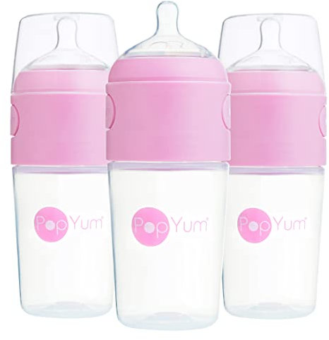 PopYum 9 oz Pink Anti-Colic Formula Making/Mixing/Dispenser Baby Bottles, 3-Pack with #2 Medium Flow Nipples, 260 ml, BPA-Free, Natural Latch