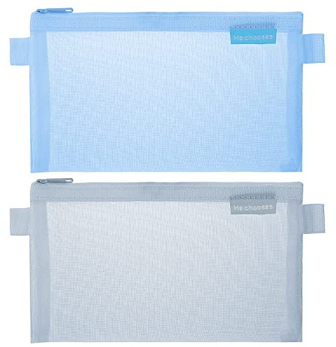 TIESOME Federmäppchen, 2pcs Clear Exam Pencil Pouch, Mesh Zipper Pen Pouch Nylon Bleistift Aufbewahrungstasche Makeup Tasche für Frauen Tragbares Schreibwarenetui für Studenten Erwachsene (Blau+Grau)