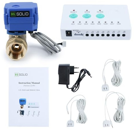 U.S. Solid Detector de Fugas de Agua - Sistema Detector de Alarma de Fugas de Agua con válvula de Bola motorizada de latón de Cierre automático de 1, Controlador y 3 sensores y Alarma de Sonido