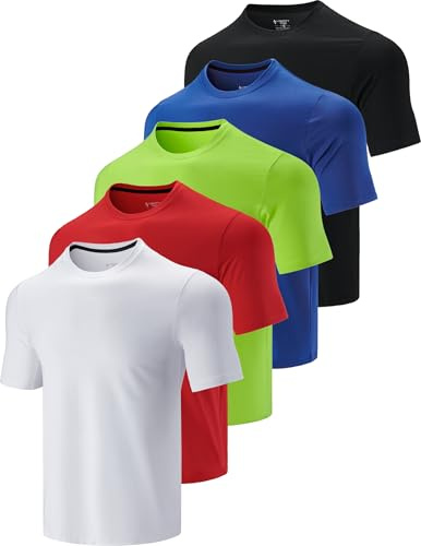 Paquete de 5 Camisetas de Cuello Redondo para Hombre, de Secado rápido, atléticas, para Correr, Gimnasio, Entrenamiento, Camisetas de Manga Corta a Granel, Blanco/Rojo/Lima/Azul/Negro, Large