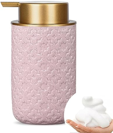 Dispensador de jabón espumoso con bomba dorada, cerámica recargable de 12 onzas para cocina, baño, desinfectante, gel de ducha, lavado a mano (rosa)
