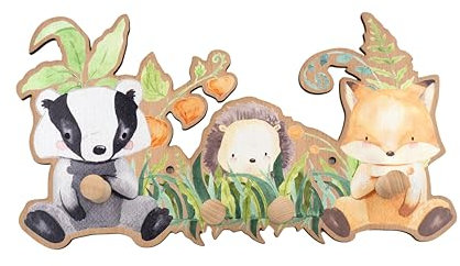 lunabee Kindergarderobe 'Waldkinder' aus Buchenholz mit vier Kleiderhaken, Motiv Tierkinder, Dachs, Igel, Fuchs, ca. 35 x 20 cm