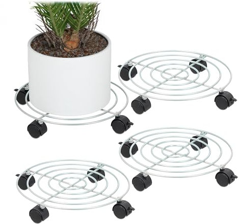 Relaxdays Pflanzenroller, 4er Set, Ø 32 cm, Blumentopfuntersetzer mit Rollen, Stahl, Blumenroller für innen, Silber