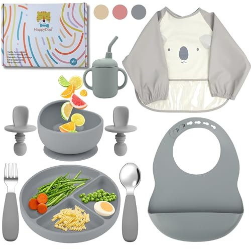 HappyDoo | Vajilla Bebe | 11 Piezas | Plato Bebe Ventosa | Cuenco | Vaso Bebe | Babero Bebe Impermeable | Babero | Cubiertos Bebe | Vajilla Infantil | En Caja para Regalar