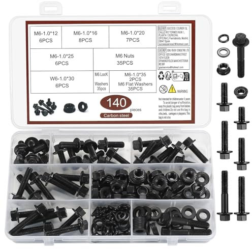 140 Piezas M6 Tornillos Tuercas con Arandelas Kit, Tornillos de Cabeza Hexagonal con Brida, Perno Tornillos de Brida Hexagonal y Tuercas y Arandelas de Acero al Carbono - Negra