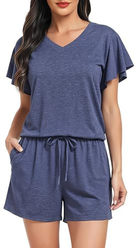 Lovasy Pyjamas Dam Sommar Bomull Ruffle Ärmar Pyjamas Set Kort V-ringning och Kort Ärm 2 Stycken Hemma Pyjamas Lättviktig T-shirt Pyjamas