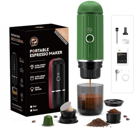 HAILASRE Máquina de café espresso eléctrica portátil, sistema de extracción de calor 2 en 1, cafetera espresso Crema Nespress, soporta café molido y cápsula NS, ME2218 (verde)