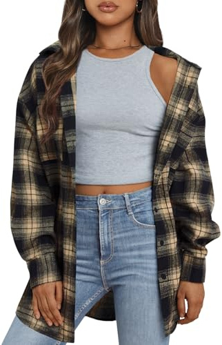 Trendy Queen Women Flannel Shirts Plaid Tops Fall Fashion Shackets Long Sleeve Blouse Button Down Outfits Winter Jackets 2026 Khaki M