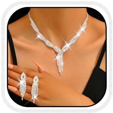 Fashband Juego de collar de novia de plata y aretes de borla para novia, conjuntos de joyas de boda con diamantes de imitación para disfraz de graduación