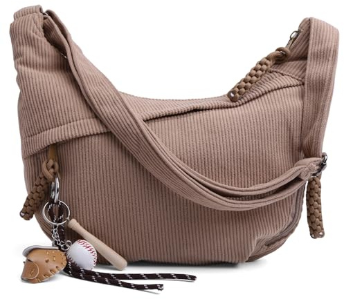 GSenhui Crossbody Bag Cord Umhängetasche Moon Bag Damen Halbmond Schultertasche mit Casual Widgets Bauchtasche Kord Groß Handtasche Beige für Reisen,Arbeit,Alltag, Pana Caqui