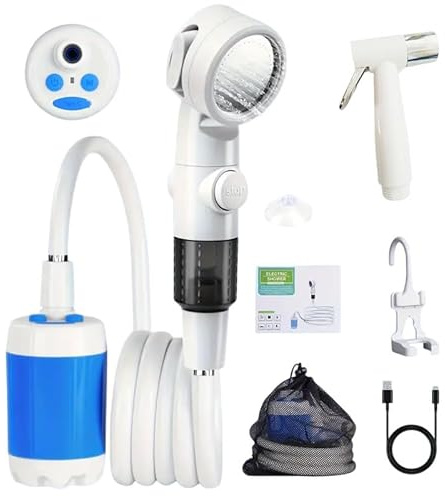 Portable Camping Shower Pump, Rechargeable Outdoor Shower Head Sprayer, Pumps Water from Bucket. For Camping, Hiking, Travel, Pet Cleaning, Car Washing
