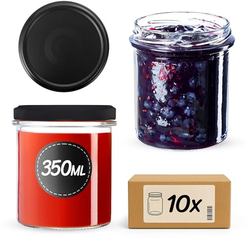 KADAX syltburkar 350 ml med fi82 mm skruvlock, små glasburkar med lock, fallburkar för konservering, skruvburkar för sylt och honung (matt svart, 10 stycken)