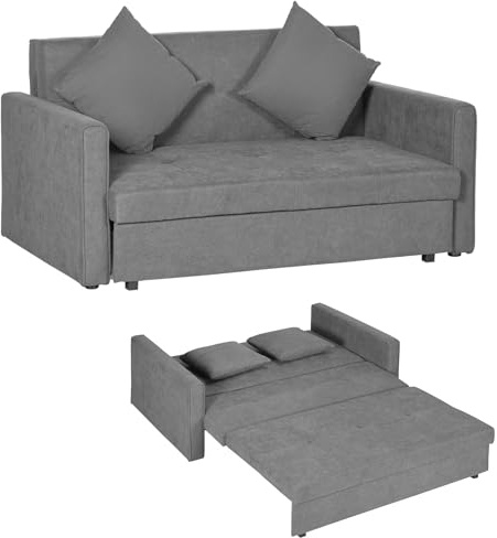 HOMCOM 2 Seater Sofa Bed with Hidden Storage, Pull Out Convertible Bed Settee, Modern Snow Flannel Loveseat Sofa Sleeper with 2 Cushions for Living Room, Guest Room, Grey