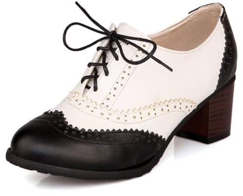 Eestfy Talons Oxford Brogue Deux Tons Femme Lacets Bout Rond Rétro Escarpins Robe avec Talon Bloc Épais pour Bureau et Tenue de Rue Automne,Noir,41 EU