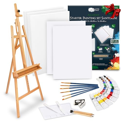 Artina 30tlg. Malset mit Staffelei – Acrylfarben & Keilrahmen Set Santorini inkl. Holz Staffelei Barcelona für Leinwände bis 120 cm, Pinsel UVM. – Künstler Set für Einsteiger & Hobbykünstler