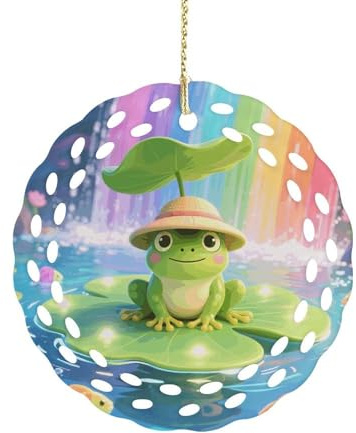Frog on Giant Lily Christmas Ornament Ceramic Xmas Tree Hanging Ornaments Round Farmhouse Pendant for Xmas Tree Holiday Party Decorations & Festive Gift
