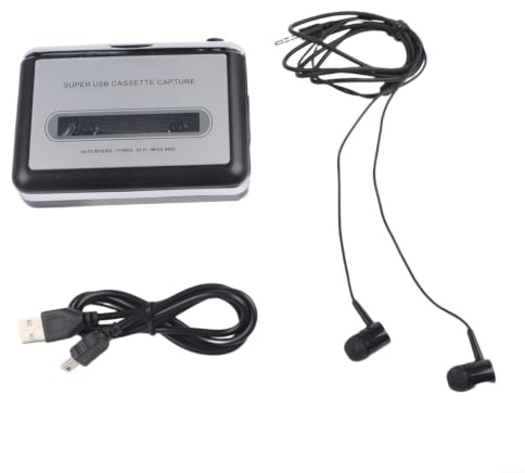 Convertidor de casete a MP3 USB | Reproductor de cinta portátil para digitalizar casetes antiguos a PC | Cubierta retro con auriculares de 3,5 mm | Plata