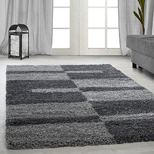 Carpetsale24 Teppich Wohnzimmer Moderne Kariert Design Shaggy Flokati 80 x 150 cm Grau - Hochflor Teppich Schlafzimmer Extra Weich Pflegeleicht - Langflor Flauschiger Teppich Läufer
