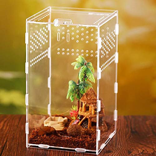 Vinnykud Mini Terrarium Transportbox,Reptil Fütterungsbox aus Acryl, Tragbarer Reptilienzuchtbox Transparent Reptil Zuchtfall für Spinnenechsen, Eidechse, Skorpion, Gehörnter Frosch(15×15×25cm)