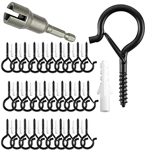TAIHUIMY Screw Hooks Q-Hanger Hooks for Outdoor String Lights, Christmas Rope Lights Clips, Wall Cabinet Ceiling Eye Hook with Safety Buckle for Wire Party Light Plants Wind Chimes (30)