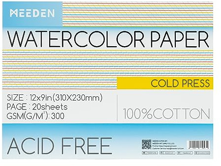 MEEDEN Watercolor Paper Block, 100% Cotton Watercolor Paper Pad of 20 Sheets, 140lb/300gms, Acid-Free Art Paper for Watercolor, Gouache, Ink and More, 9 x 12 Cold Press
