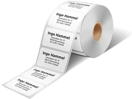 Etiquetas de dirección personalizadas autoadhesivas GoodMarkt | 57x32 mm, 150 etiquetas/rollo, papel blanco | Pegatinas con nombres que constan de 1 a 5 líneas que contienen el texto que desees.
