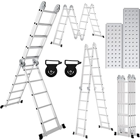 Fiqops Escalera multiusos de aluminio de 4 x 5 peldaños, hasta 150 kg, 5,8 m, con plataforma, escalera con 2 placas de andamio, escalera multiusos, 20 peldaños, color plateado