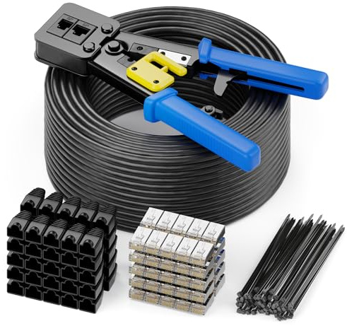 deleyCON 100m CAT7 Installationskabel Patchkabel Installationsset Utomhus Inomhus Inkl. Krymptång Buntband & 50 RJ45-Kontakter - S/FTP 600 MHz 10 Gbit/s AWG 26 BC Koppar - Väderbeständig - Svart | Patchkabel installationsset utomhus inomhus, inklusive presstång, buntband och 50 RJ45-kontakt, AWG 26 BC koppar