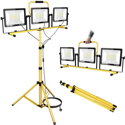 RIGIDON LED Work Light with Stand,300W Three Head Portable Job Site Lights 175V to 265V 30000LM IP66 Waterproof Outdoor Indoor Worklight with 5M Cord Plug for Workshop, Garage, Construction, Basement