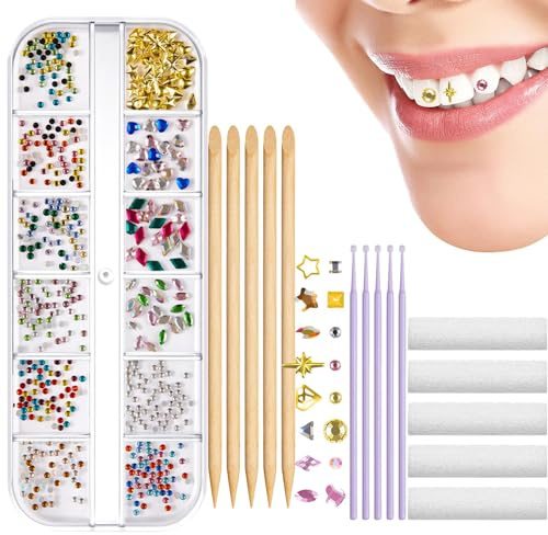Bijoux de dents – Kit de cristaux de dents – 12 styles de dents en cristal artificiel réfléchissant, rehausseurs de étincelants, application facile, brillance