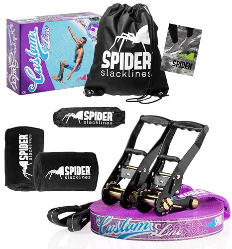 SPIDER SLACKLINE TKSA5 - Kit Slackline adulti - Set slackline di alta qualità per ogni livello - Fettuccia 35m incluso per esperti e principianti con 2 cricchetti