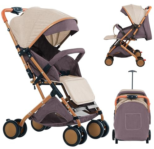 WODFARR Kompakter Buggy, Liegeposition, von Geburt bis 4 Jahre (bis zu 25 kg), sitzend oder liegend, verstellbarer Griff, 4 Räder mit Baumwollmatte + Moskitonetz (Khaki)