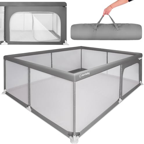 sun baby Parque Infantil 150x200 cm 0-2 años Gris, poliéster, paredes de malla, entrada con cremallera, pies antideslizantes, bolsa incluida, estructura metálica