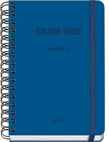 Dohe - Agenda Scolaire 2025 2026 - Semainier, Taille A5 (15x21 cm), Espagnol et Anglais, Fermeture à Spirale Double et Élastique, Couverture Rigide, 4 Pages d'Autocollants - COLOUR VIBES Bleu