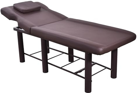 Lettino da massaggio professionale fisso, schienale regolabile in PU, schiuma spessa, poggiatesta rimovibile, vano portaoggetti inferiore, per massaggi, parrucchieri, centri benessere (marrone)