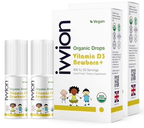 Ivvion Organic Vegan 400IU, Vitamin D3, 60 Drops – Baby Drop for Infants & Toddlers | USDA Organic, Non-GMO, Plant-Based, No Additives or Preservatives, All Natural, Made in UK – Pack of 2
