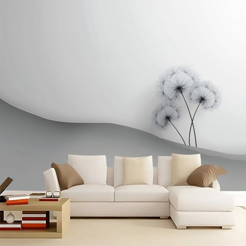 Light Gray Panoramic Custom Photo Wallpaper Wall Mural 59 x 41 inch (W x H), 3D Minimalism Curves Dandelions Photo Wallpaper 3D Effect - Poster Decoration for Bedroom Living Room Corridor