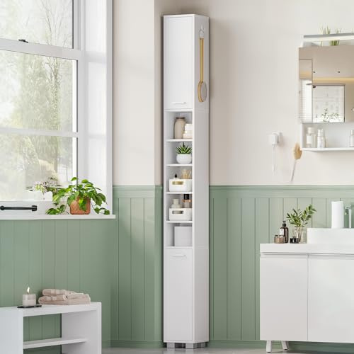 Hzuaneri Badezimmerschrank, Badschrank Schmal Hoch, Hochschrank Badezimmer mit 2 Aufbewahrungskörbe, Verstellbare Regale, Offenen Fach und Tür, 20 × 20 × 200 cm, Weiß, BC28503X