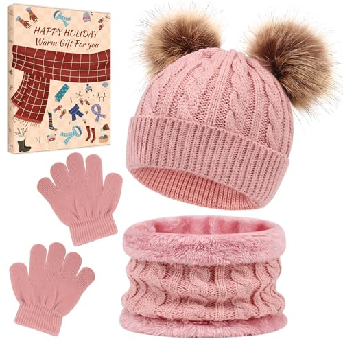 srclo3 Pieces Hat And Scarf Gift Box Sets for kids Winter Pom Pom Hat Gloves Set for Girls Boys Warm Knitted Beanie Hats Snood Scarf and Gloves for Children,Christmas gifts for Kids (Red)