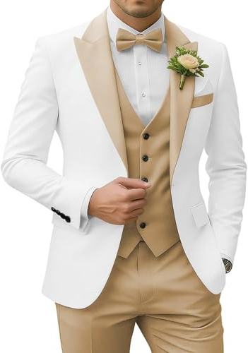 SPTALLFITJSV Champagne and White Suits for Men Men's Prom Suit 3 Pieces Slim Fit Groomsmen Grooms Suits for Wedding 2026 Christmas Suit