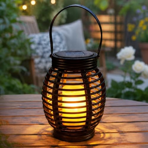 Festive Lights - Solar Powered Black Rattan Effect Lantern - 21cm Garden Candle Cage Lantern, Warm White Flickering Flame LED, Outdoor Hanging Tabletop Patio & Decking Decoration, IP44 Waterproof
