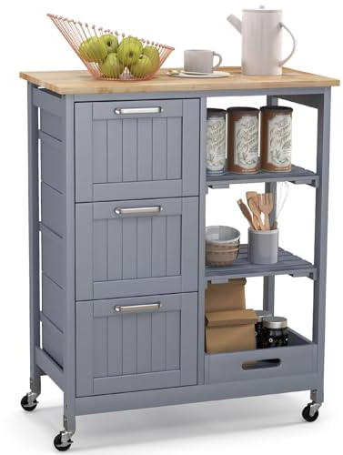COSTWAY Kitchen Island Cart, Rolling Storage Trolley with 3 Drawers, Open Shelves and Wheels, Mobile Serving Utility Cart Organiser for Dining Room Restaurant Bar (Grey)