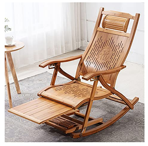 JKSVTF Foldable Bamboo Rocking Chairs,Comfort Sun Lounger Chairs Ergonomic Patio Chaise Lounge Sun Lounger,Recliner Folding Chair with Foot Massage Board, Garden Outdoor Deck Chair (Wood Color)