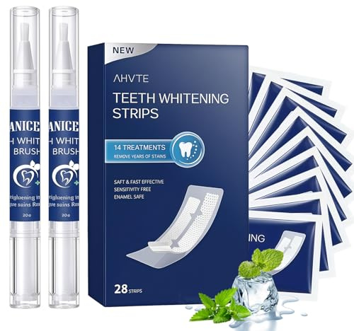 28 Kit De Tiras Blanqueadoras Para Dientes, 2 Lápiz Blanqueador Dental Con Gel, Pack Para Reducir Manchas Superficiales, Uso En Casa Para Sonrisa Más Blanca, Cuidado Suave Para Esmalte