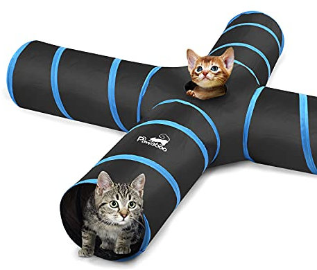 Pawaboo Katzetunnel, Premium-4-Wege-Tunnel Erweiterbar Zusammenklappbar Katzen Spielzeug Maze versetzte Tunnel Katzen Spielzeug mit Pompon und Bells für Kätzchen Kaninchen, Schwarz & Hellbalu